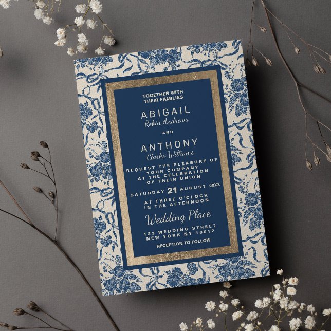 Chic Modern Vintage Ivory Navy Blue Floral Wedding Invitation (Chic Modern Vintage Ivory Navy Blue Floral Wedding)