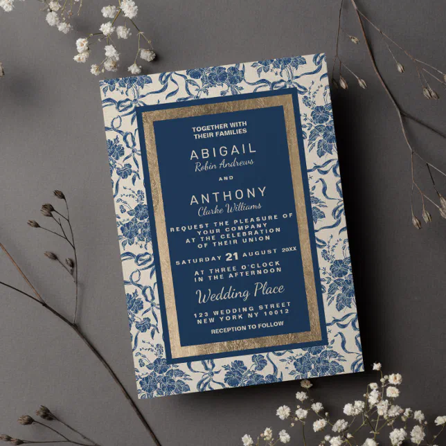 Chic Modern Vintage Ivory Navy Blue Floral Wedding Invitation | Zazzle