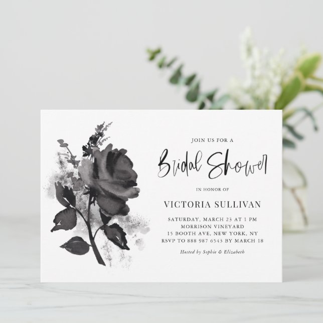 Chic Modern Watercolor Black Rose Bridal Shower Invitation (Standing Front)