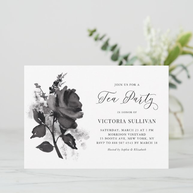 Chic Modern Watercolor Black Rose Tea Party Invitation (Standing Front)