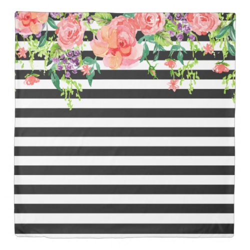 Chic Modern Watercolor Bold Floral Stripe Black Duvet Cover