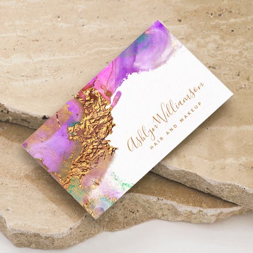 Chic modern watercolor gold purple pink splatter business card
