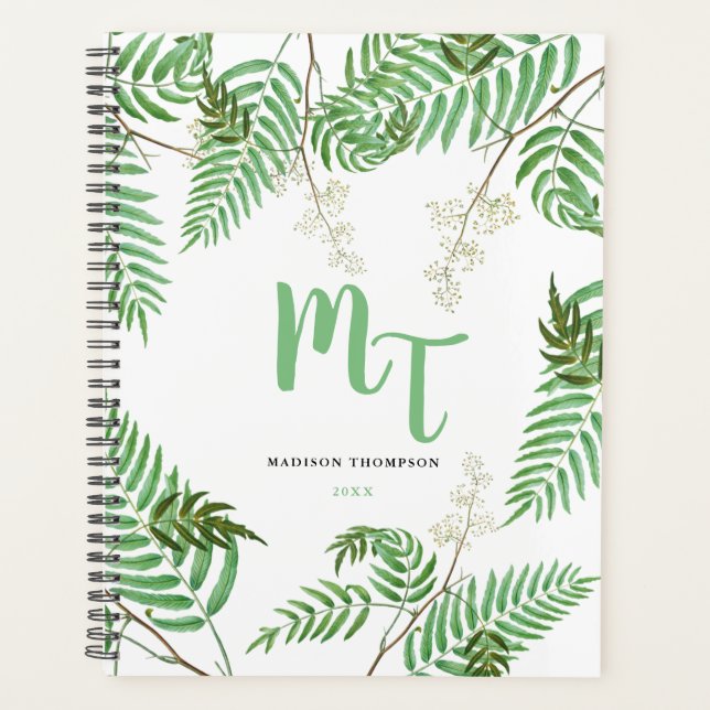 Chic Modern Watercolor Greenery Script Monogram  Planner (Front)