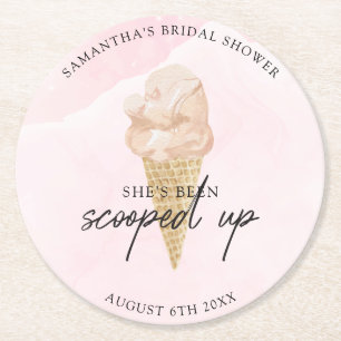 Chic Modern Watercolor Ice Cream Bridal Shower Round Paper Coaster