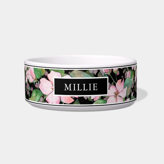 Chic Modern Watercolor Pink Floral Name Bowl (Front)