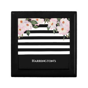 Chic Modern Watercolor Pink Roses Black Stripes Gift Box