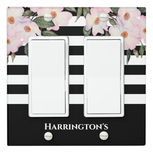 Chic Modern Watercolor Pink Roses Black Stripes Light Switch Cover