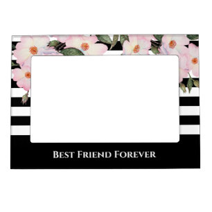 Chic Modern Watercolor Pink Roses Black Stripes Magnetic Frame