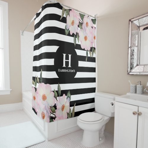 Chic Modern Watercolor Pink Roses Stripes Monogram Shower Curtain