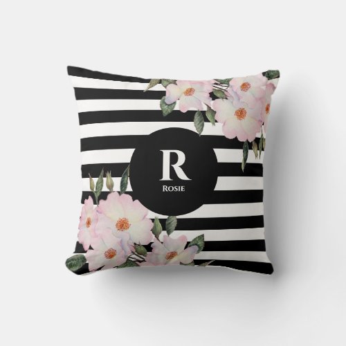 Chic Modern Watercolor Pink Roses Stripes Monogram Throw Pillow