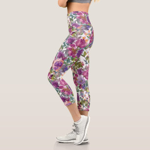 Chic Modern Watercolor Purple Floral Pattern Capri Leggings