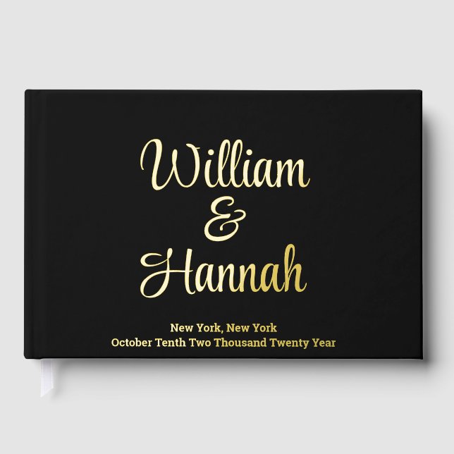 Chic Modern Wedding Black with Gold Foil Hardcover Guest Book (Front)