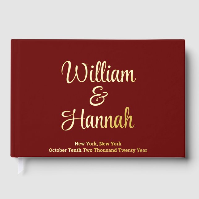 Chic Modern Wedding Burgundy Gold Foil Hardcover Foil Guest Book (Front)