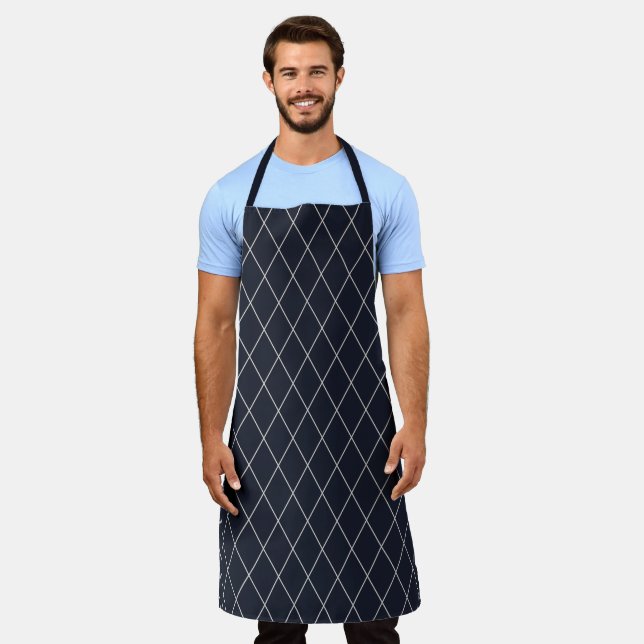 Chic Modern White Diamond Pattern on Dark Blue Apron (Worn)