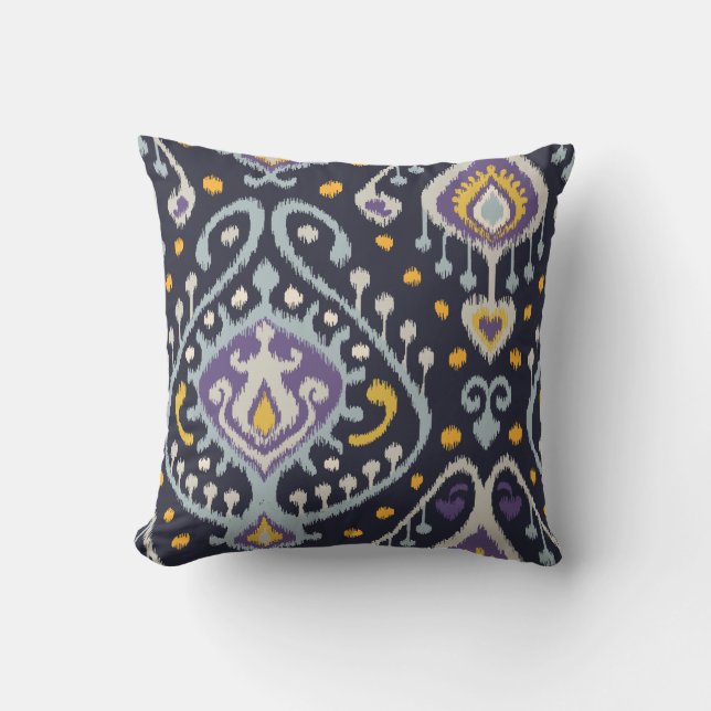 Chic modern yellow blue navy ikat tribal pattern throw pillow (Front)