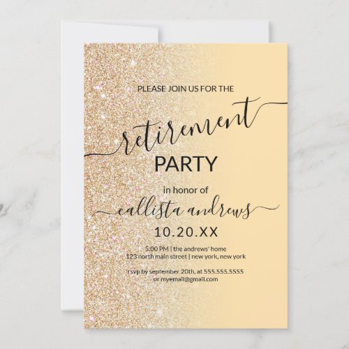 Chic Modern Yellow Gold Glitter Ombre Retirement Invitation