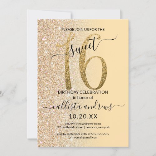 Chic Modern Yellow Gold Glitter Ombre Sweet 16 Invitation