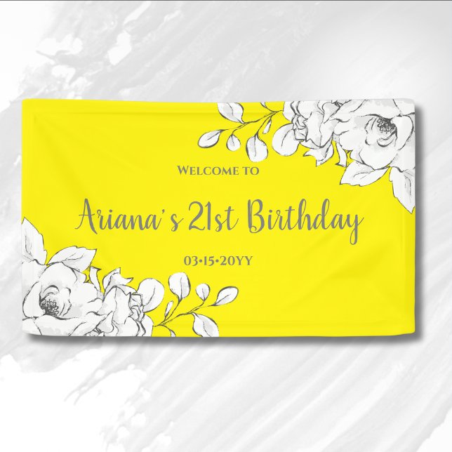 Chic Modern Yellow White Floral Birthday Welcome Banner (Creator Uploaded)