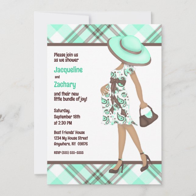 Chic Mom-to-Be (dark skin) Green Plaid Baby Shower Invitation (Front)