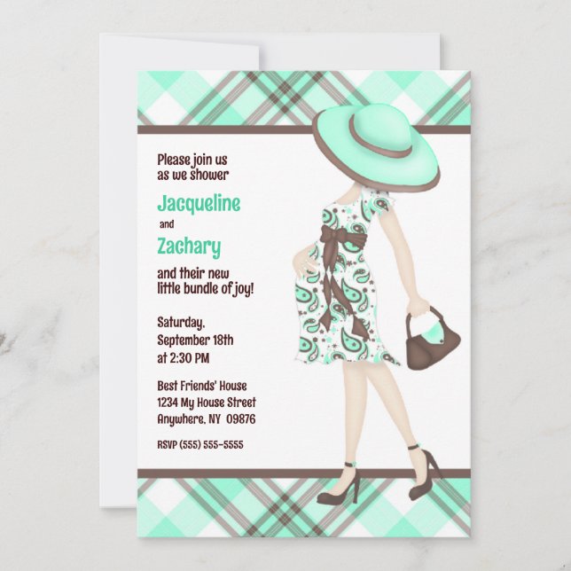 Chic Mom-to-Be Teal Green Brown Plaid Baby Shower Invitation (Front)