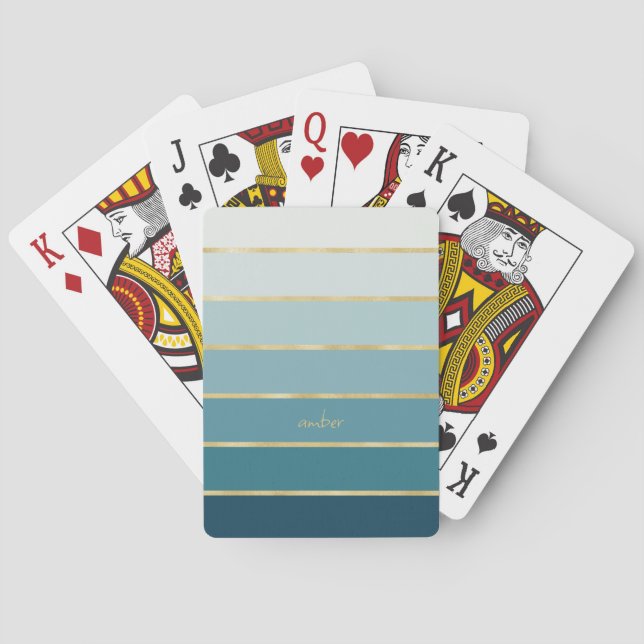 Chic Monochromatic Gradient Teal Gold Stripes Poker Cards (Back)