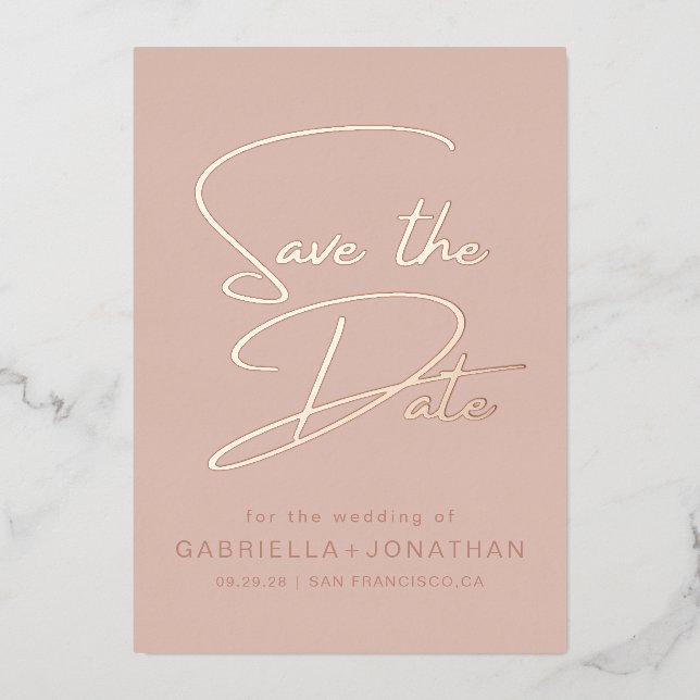 Chic Monochromatic Rose Gold Save The Date Foil Invitation (Front)