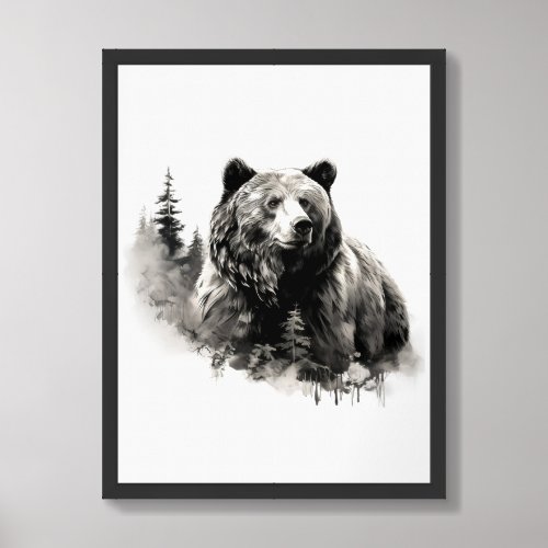 Chic monochrome black and white bear in the forest framed art