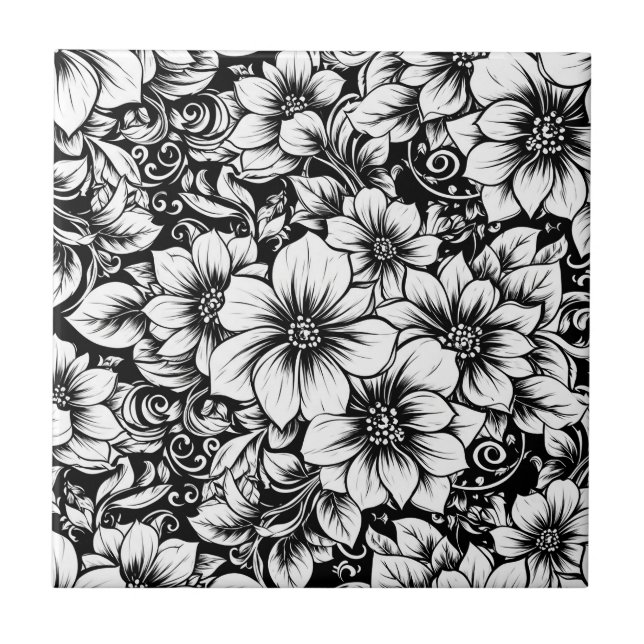 Chic Monochrome Floral Luxury Pattern (1) Ceramic Tile (Front)