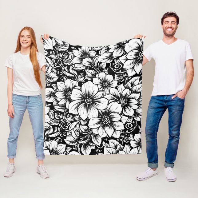 Chic Monochrome Floral Luxury Pattern (1) Fleece Blanket (In Situ)