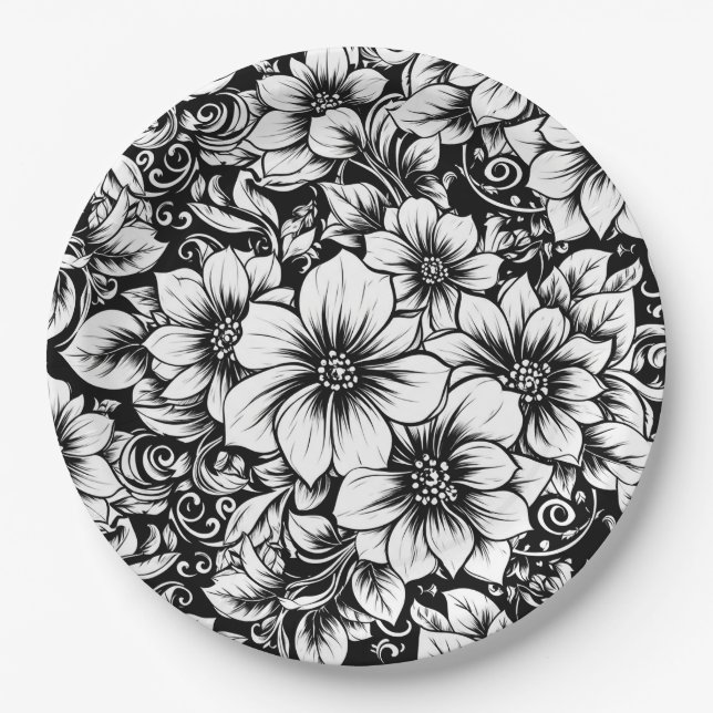 Chic Monochrome Floral Luxury Pattern (1) Paper Plates (Front)
