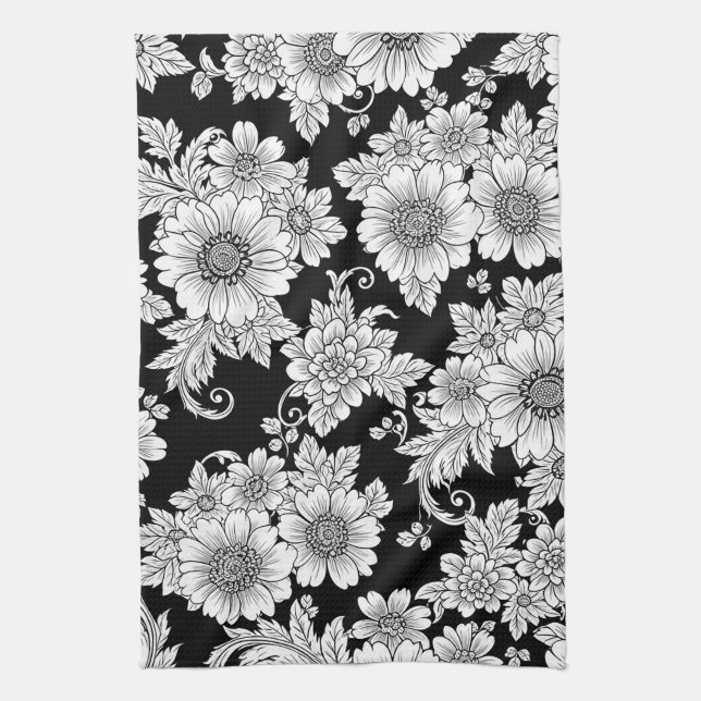 Chic Monochrome Floral Luxury Pattern (2) Kitchen Towel (Vertical)