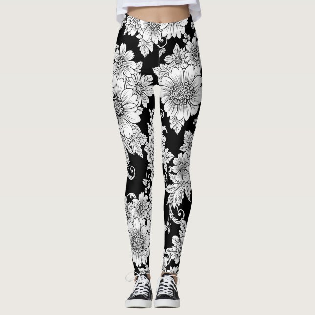 Chic Monochrome Floral Luxury Pattern (2) Leggings (Front)