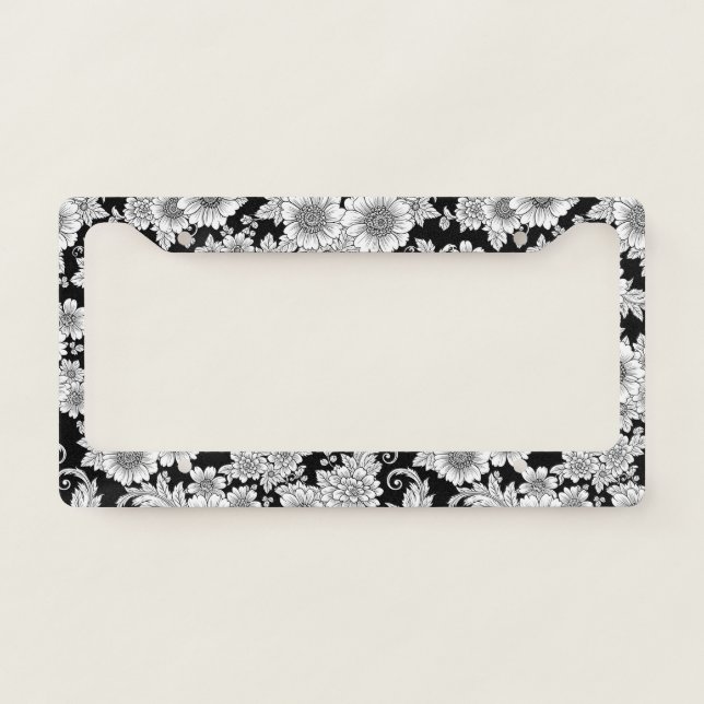 Chic Monochrome Floral Luxury Pattern (2) License Plate Frame (Front)