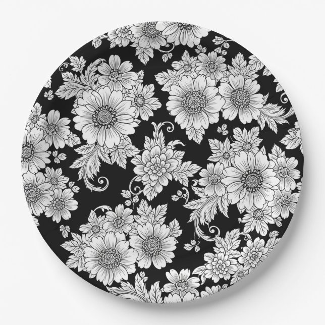 Chic Monochrome Floral Luxury Pattern (2) Paper Plates (Front)