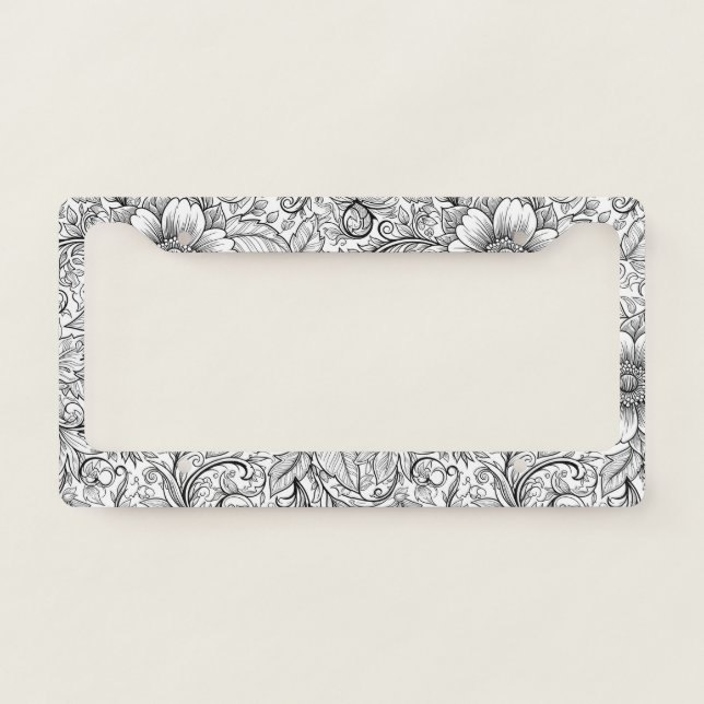 Chic Monochrome Floral Luxury Pattern (3) License Plate Frame (Front)