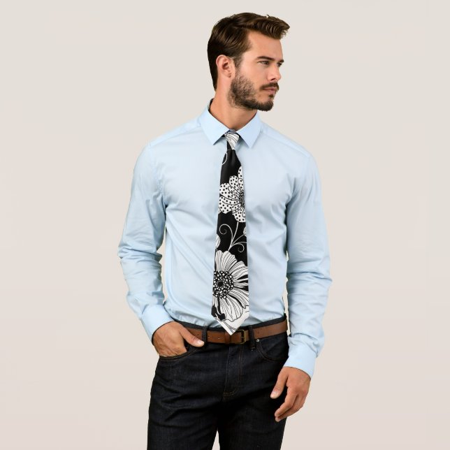 Chic Monochrome Floral Luxury Pattern (3) Neck Tie (In Situ)