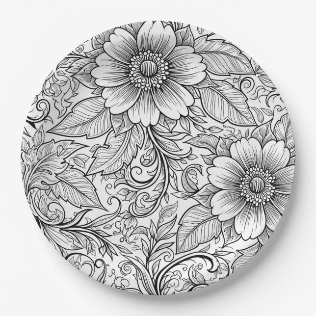 Chic Monochrome Floral Luxury Pattern (3) Paper Plates (Front)