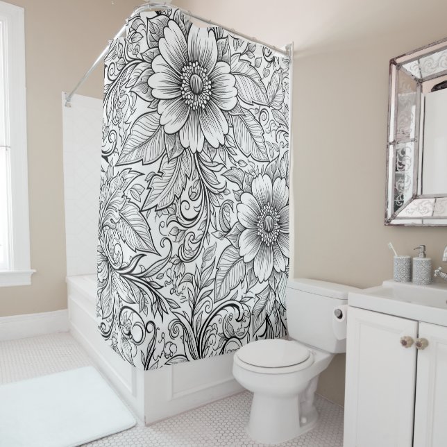 Chic Monochrome Floral Luxury Pattern (3) Shower Curtain (In Situ)