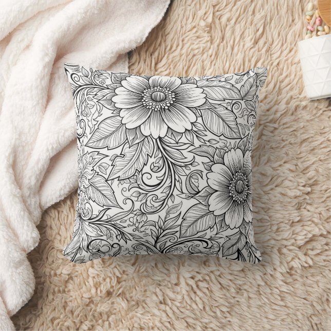 Chic Monochrome Floral Luxury Pattern (3) Throw Pillow (Blanket)