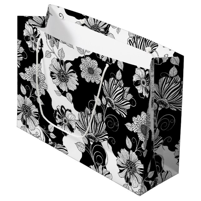 Chic Monochrome Floral Luxury Pattern (4) Large Gift Bag (Front Angled)