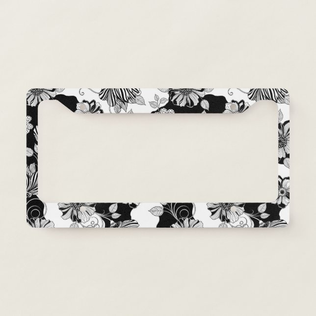 Chic Monochrome Floral Luxury Pattern (4) License Plate Frame (Front)