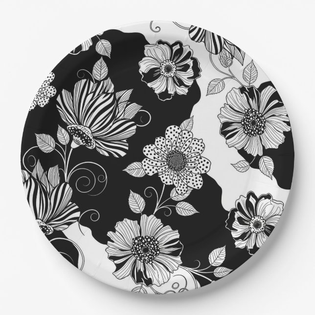 Chic Monochrome Floral Luxury Pattern (4) Paper Plates (Front)
