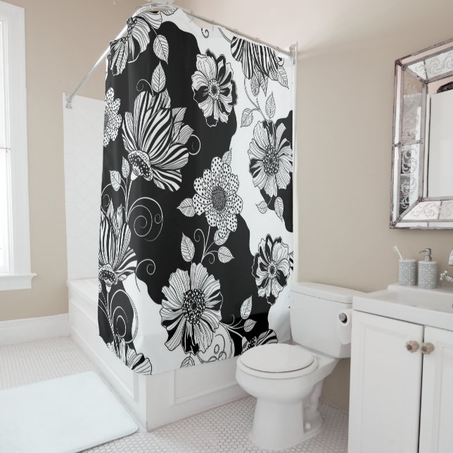 Chic Monochrome Floral Luxury Pattern (4) Shower Curtain (In Situ)