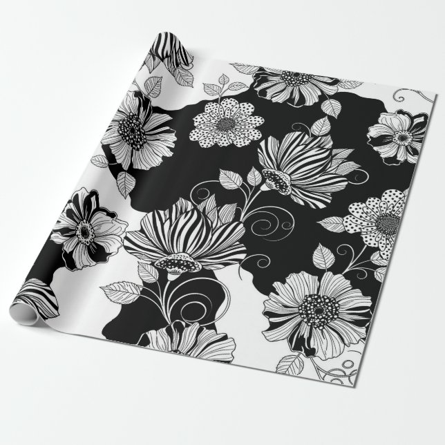Chic Monochrome Floral Luxury Pattern (4) Wrapping Paper (Unrolled)