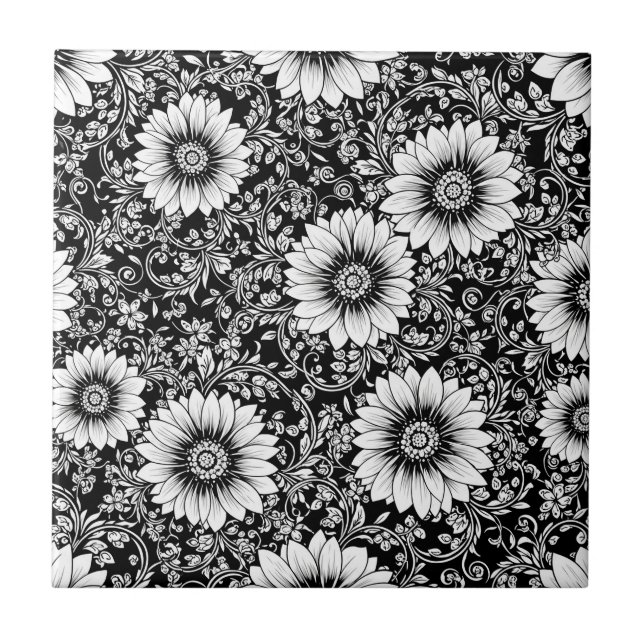 Chic Monochrome Floral Luxury Pattern (5) Ceramic Tile (Front)