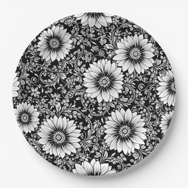 Chic Monochrome Floral Luxury Pattern (5) Paper Plates (Front)