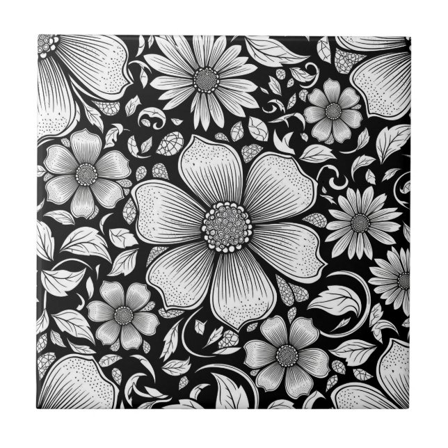 Chic Monochrome Floral Luxury Pattern (6) Ceramic Tile (Front)