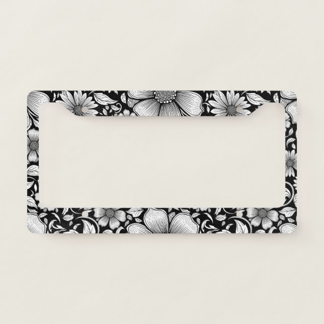 Chic Monochrome Floral Luxury Pattern (6) License Plate Frame (Front)