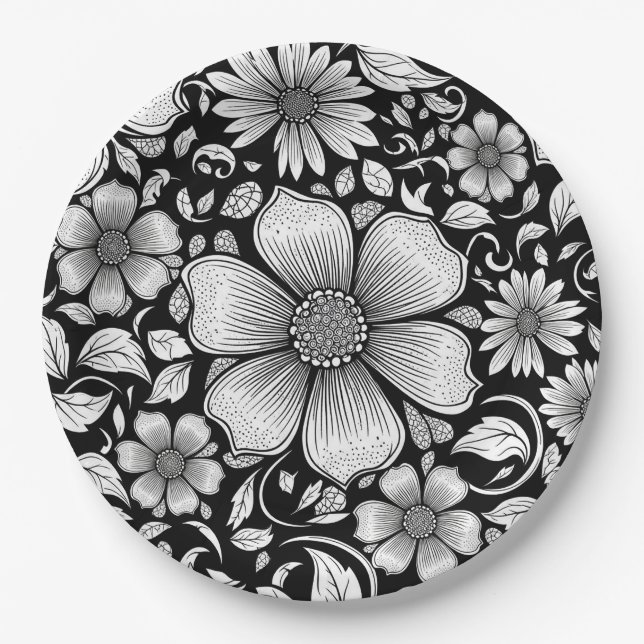 Chic Monochrome Floral Luxury Pattern (6) Paper Plates (Front)