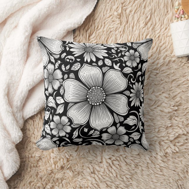 Chic Monochrome Floral Luxury Pattern (6) Throw Pillow (Blanket)